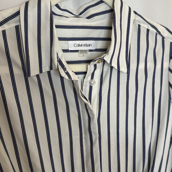 NEW Calvin Klein 100% Cotton Tie Waist Shirt Dress - White Blue Black Stripe  4 - Picture 4 of 13
